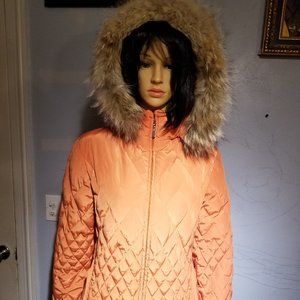 Orange peach, metalic sheen parka fur/feathe light